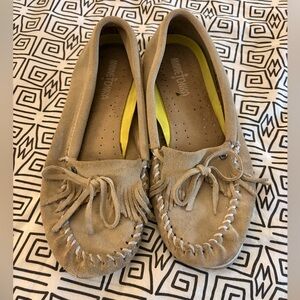 Minnetonka Tan Suede Kilty Moccasins